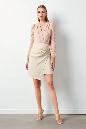 Naqshli Kruvaze Bodysuit Bluz - Pudra-Pudra - 4