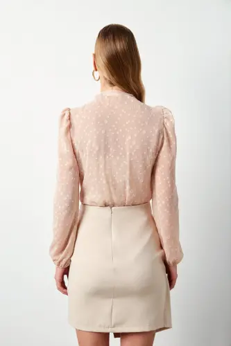 Naqshli Kruvaze Bodysuit Bluz - Pudra-Pudra - 6