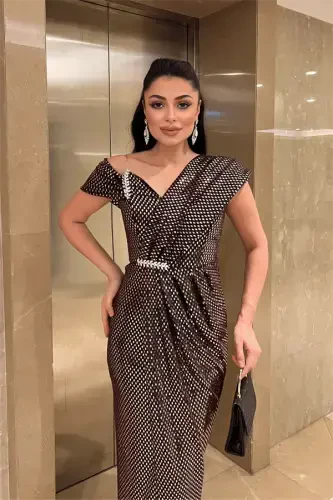 Naqshli payetli matodan tikilgan dizaynerlik ko'ylak - BRONZA - 3