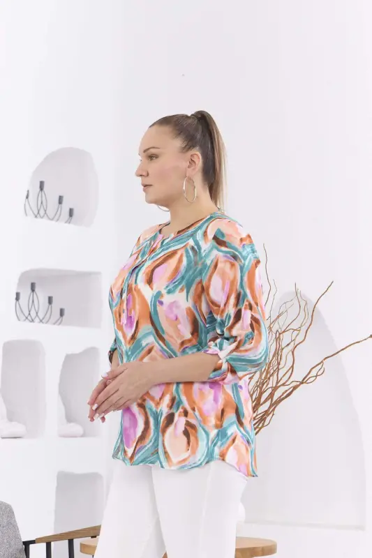 Naqshli Vual Viskoza Katta O'lchamli Qo'l Apoletli G'isht Bluzka - 3