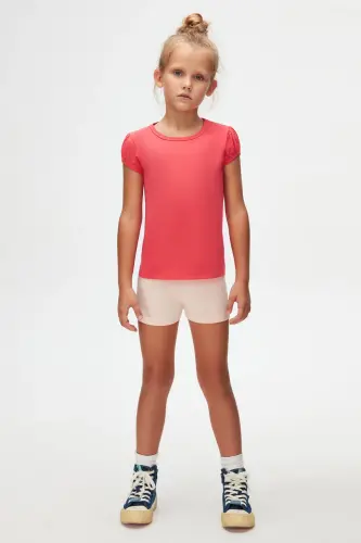 Nar Çiçeği Basic Kız Çocuk Sıfır Yaka Karpuz Kol Tişört-PARADISE PINK - 1