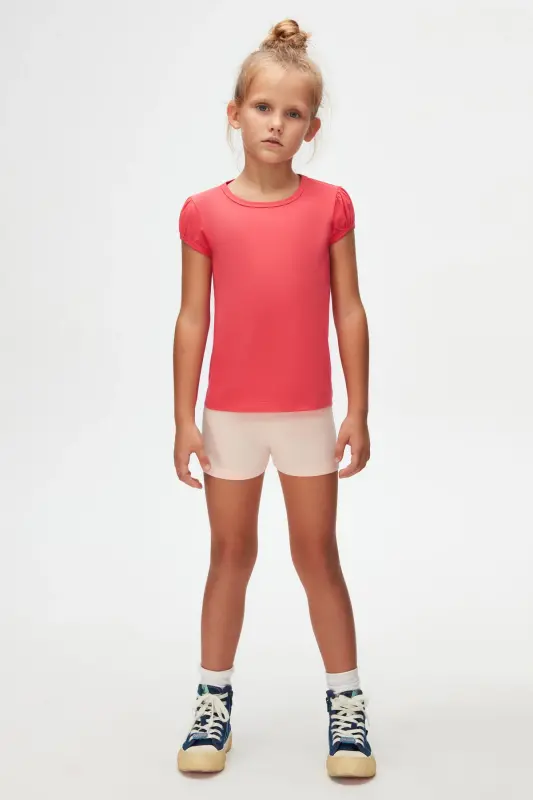 Nar Çiçeği Basic Kız Çocuk Sıfır Yaka Karpuz Kol Tişört-PARADISE PINK - LOVETTI