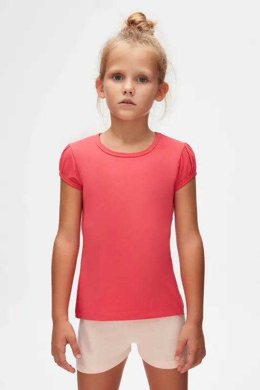 Nar Çiçeği Basic Kız Çocuk Sıfır Yaka Karpuz Kol Tişört-PARADISE PINK - 2