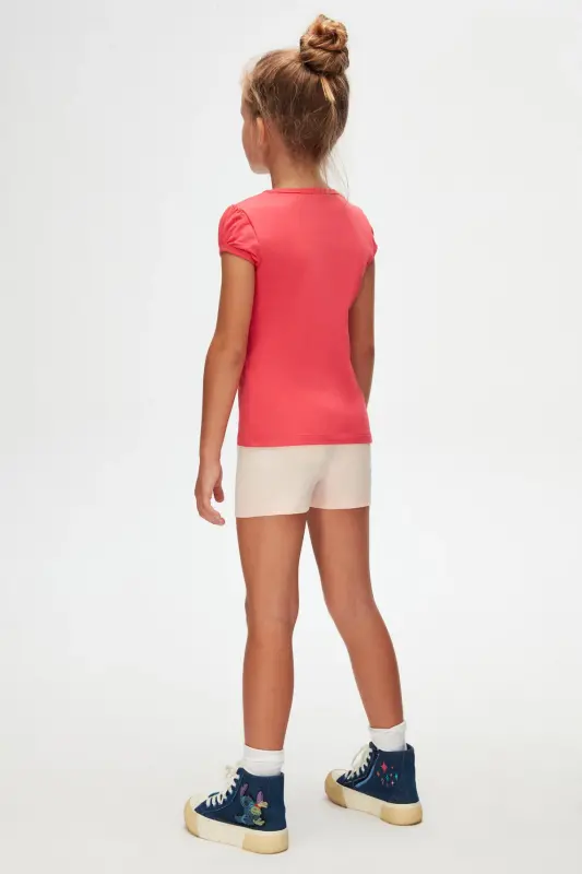 Nar Çiçeği Basic Kız Çocuk Sıfır Yaka Karpuz Kol Tişört-PARADISE PINK - 4