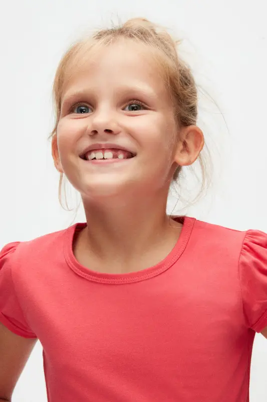 Nar Çiçeği Basic Kız Çocuk Sıfır Yaka Karpuz Kol Tişört-PARADISE PINK - 3