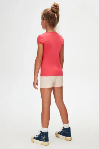 Nar Çiçeği Basic Kız Çocuk Sıfır Yaka Karpuz Kol Tişört-PARADISE PINK - 4