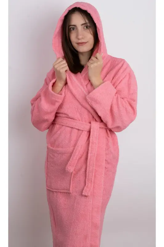 Nar Çiçeği Renkli AVS Bukle Kapüşonlu Model Bornoz (S-M-L-XL-2XL-3XL-4XL) Büyük ve Beden-Nar Çiçeği - DC TEKS