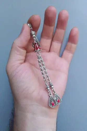 Nargile Model Mineli 925 Ayar Gümüş Kaplama Püskül-Kırmızı Sallantı 