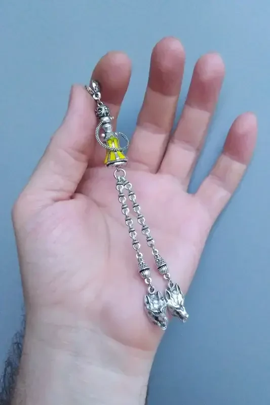 Nargile Model Sarı Mineli Kurt Sallantı 925 Ayar Gümüş Kaplama Püskül-Kartal Sallantı - 1