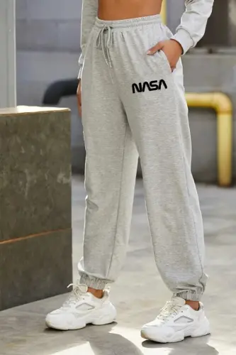 Nasa Baskılı 2 iplik Eşofman Altı Unisex - gri-haki 