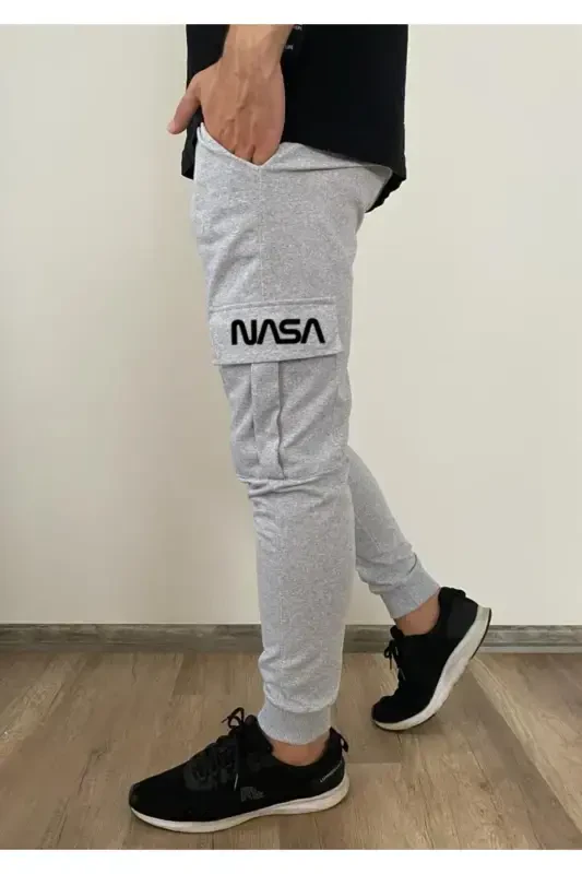 Nasa Printed Elastic Hem Cargo Pocket Sweatpants-gray - 1