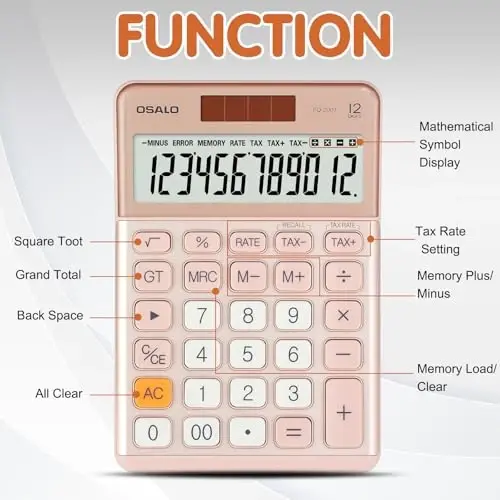 Настольный калькулятор Pendancy Office с функцией расчета налогов Tax+/-, 12-разрядный большой ЖК-дисплей, питание от солнечной батареи, прочный портативный дизайн, для финансового учета, бизнеса и дома (OS-200T-Pink) - 4