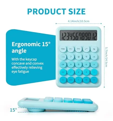 Настольный милый синий калькулятор с большими кнопками, настольные калькуляторы, 12-разрядный с большим ЖК-дисплеем, базовый стандартный калькулятор, эстетичные калькуляторы с механическими переключателями, канцелярские принадлежности для дома и школы. - 2
