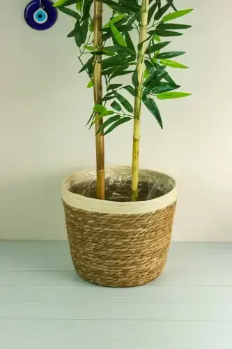 Natalie - Decorative Natural Hand Knitted Straw Large Striped Pot Basket 31 Cm-Light Brown - 1