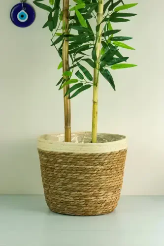 Natalie - Decorative Natural Hand Knitted Straw Large Striped Pot Basket 31 Cm-Light Brown - AVANTAGE HOME (1)