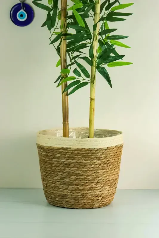 Natalie - Decorative Natural Hand Knitted Straw Large Striped Pot Basket 31 Cm-Light Brown - 2