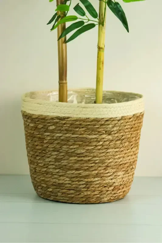 Natalie - Decorative Natural Hand Knitted Straw Large Striped Pot Basket 31 Cm-Light Brown - 3