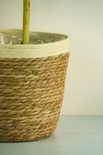 Natalie - Decorative Natural Hand Knitted Straw Large Striped Pot Basket 31 Cm-Light Brown - 4