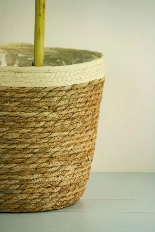 Natalie - Decorative Natural Hand Knitted Straw Large Striped Pot Basket 31 Cm-Light Brown - 4