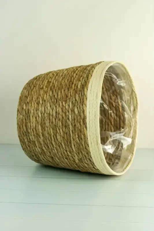 Natalie - Decorative Natural Hand Knitted Straw Large Striped Pot Basket 31 Cm-Light Brown - 5