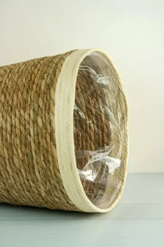 Natalie - Decorative Natural Hand Knitted Straw Large Striped Pot Basket 31 Cm-Light Brown - 6