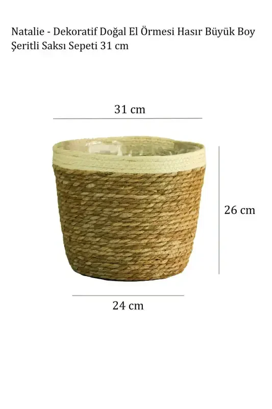 Natalie - Decorative Natural Hand Knitted Straw Large Striped Pot Basket 31 Cm-Light Brown - 7