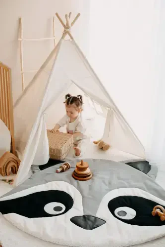 Native American Play Tent Play Mat (PLAY HOUSE PLAY MAT) Raccoon-BLACK - 1