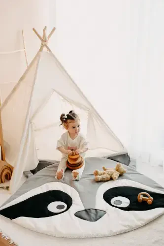 Native American Play Tent Play Mat (PLAY HOUSE PLAY MAT) Raccoon-BLACK - 3