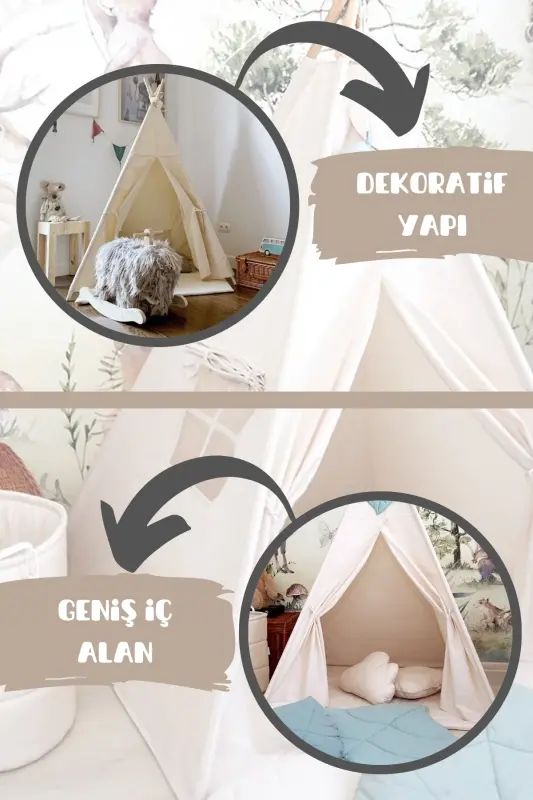 Native American Style Children's Play Tent with Cushion - Beige - 3