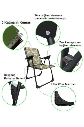 Natura 2 Adet Kamp Sandalyesi Katlanır Piknik Sandalye Dikdörtgen Bardaklıklı Kamuflaj - Kamuflaj - 10