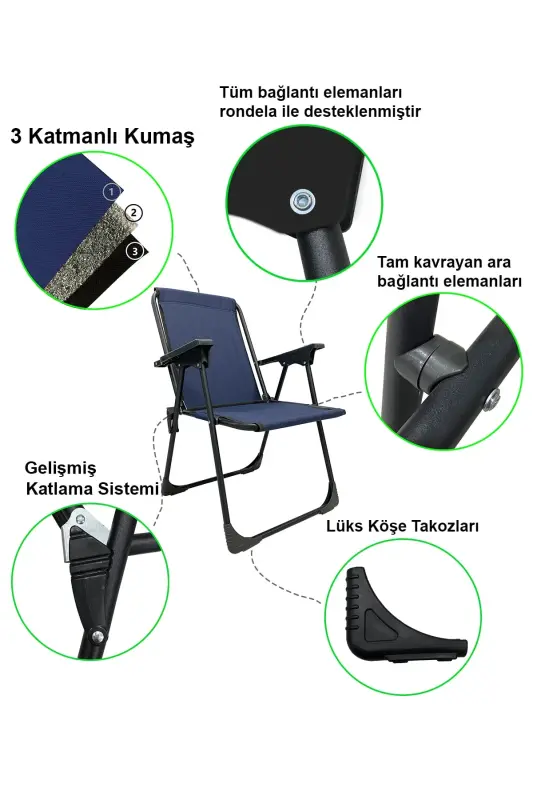 Natura 2 Adet Kamp Sandalyesi Katlanır Piknik Sandalye Dikdörtgen Bardaklıklı Lacivert-Lacivert - 2