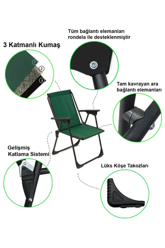Natura 2 Adet Kamp Sandalyesi Katlanır Piknik Sandalye Dikdörtgen Bardaklıklı Yeşil-Yeşil - 2