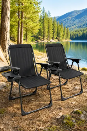Natura 2 Pack Folding Camping Picnic Chair with Rectangular Cup Holder Black - 1