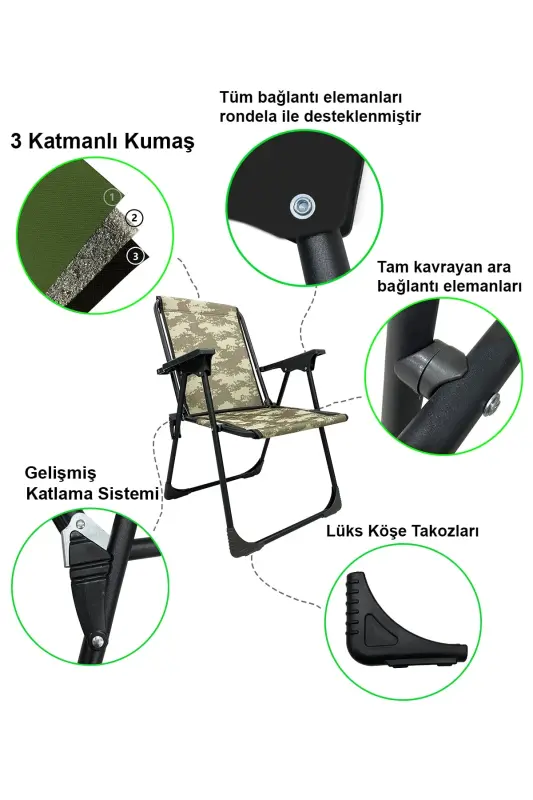 Natura 2 Pcs Camping Chair Foldable Picnic Chair Rectangular with Cup Holder Camouflage-Camouflage - 3