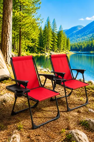 Natura 2 Pcs Camping Chair Foldable Picnic Chair Rectangular with Cupholders Red-Red 