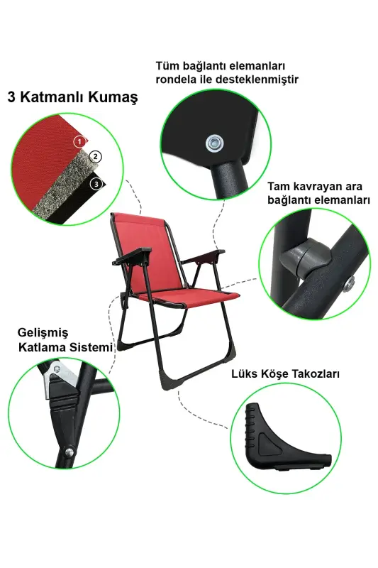 Natura 2 Pcs Camping Chair Foldable Picnic Chair Rectangular with Cupholders Red-Red - 2