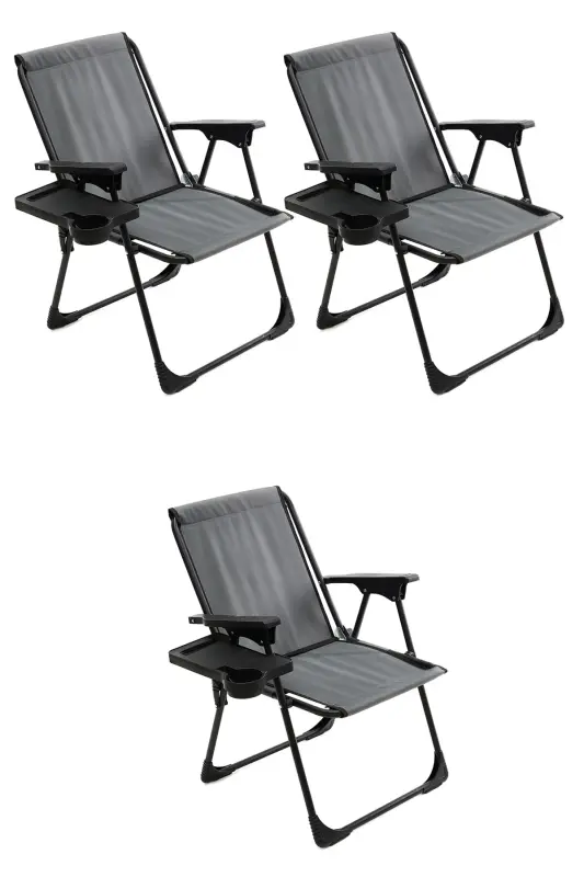 Natura 3 Adet Kamp Sandalyesi Katlanır Piknik Sandalye Dikdörtgen Bardaklıklı Gri-Gri - MONIEV