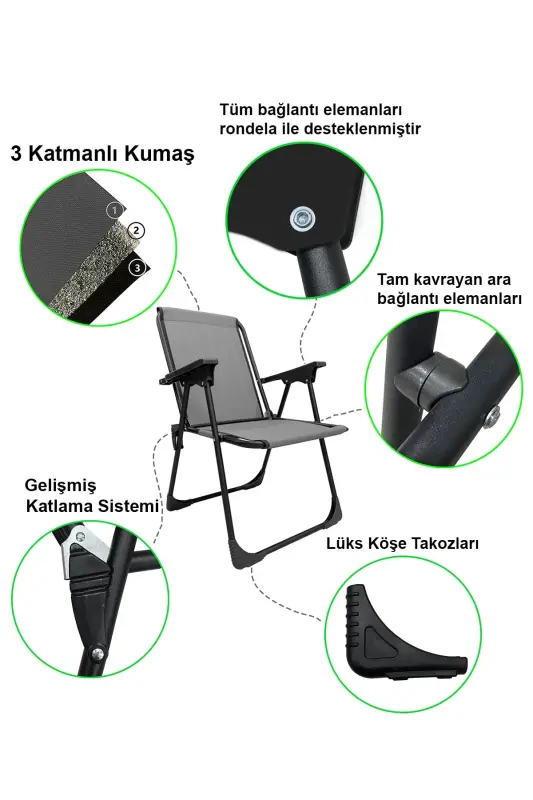 Natura 3 Adet Kamp Sandalyesi Katlanır Piknik Sandalye Dikdörtgen Bardaklıklı Gri-Gri - 2