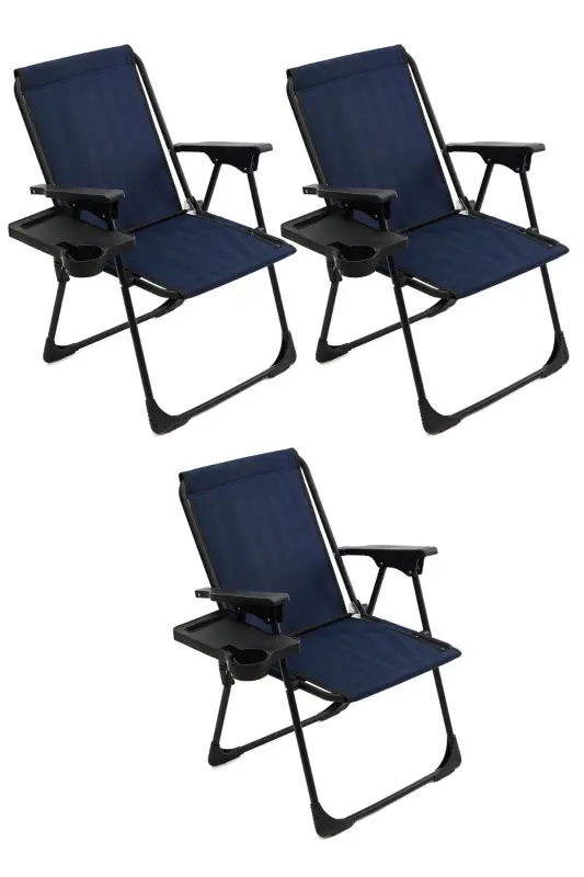Natura 3 Camping Chairs Foldable Picnic Chair Rectangular with Cup Holders Navy Blue-Navy Blue - 2