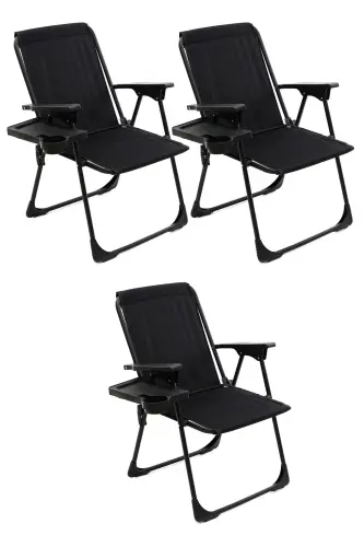 Natura 3 Camping Chairs Folding Picnic Chair Rectangular with Cup Holder Black-Black - 1