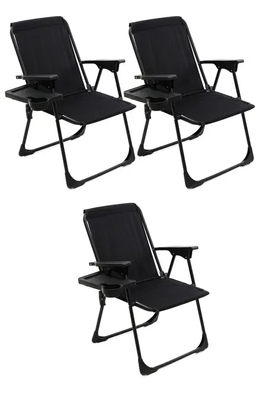 Natura 3 Camping Chairs Folding Picnic Chair Rectangular with Cup Holder Black-Black - MONIEV
