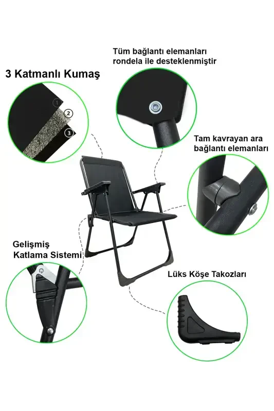 Natura 3 Camping Chairs Folding Picnic Chair Rectangular with Cup Holder Black-Black - 2