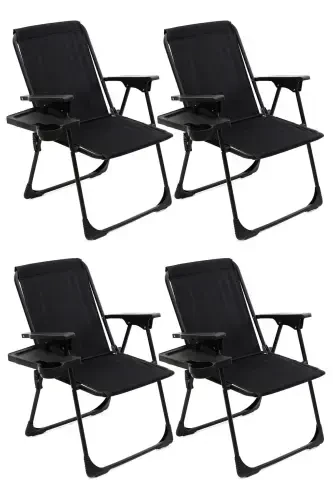 Natura 4 Camping Chairs Foldable Picnic Chair Rectangular with Cup Holders Black-Black - 1