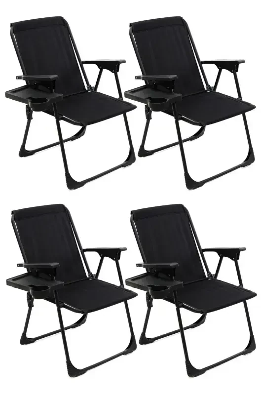 Natura 4 Camping Chairs Foldable Picnic Chair Rectangular with Cup Holders Black-Black - 1