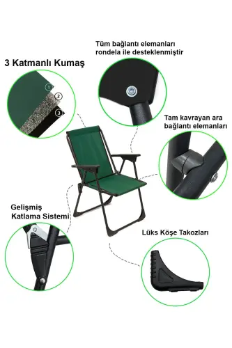Natura 4 ta Katlanadigan Kemping Stuli Piknik Stuli To'rtburchak Bardokli Yashil-Yashil - 3