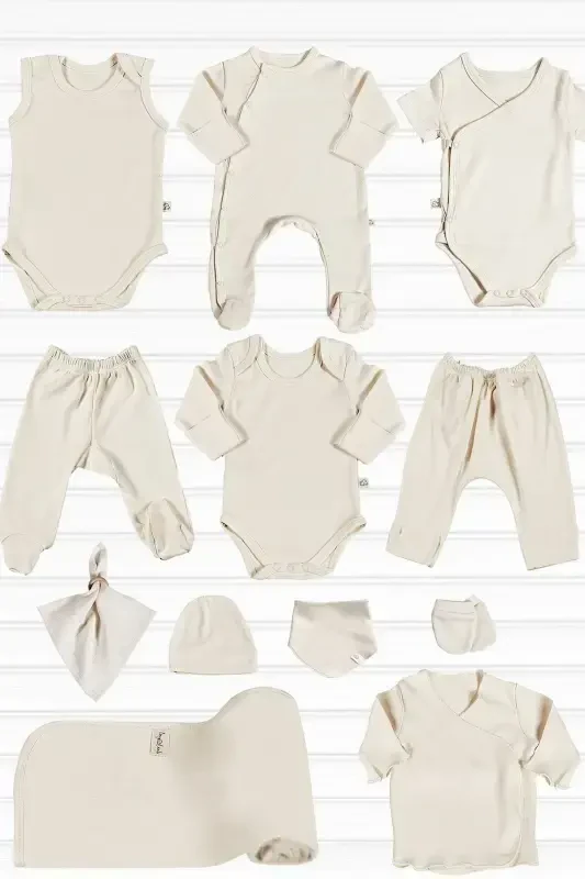 Natural 12 Parça %100 Pamuk Hastane Çıkışı Seti Organik Pamuk Unisex-Naturel - 1