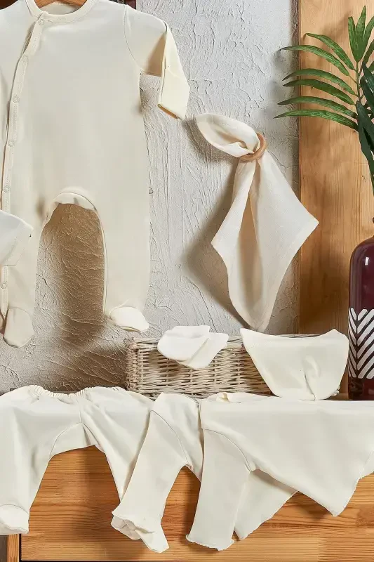 Natural 12 Parça %100 Pamuk Hastane Çıkışı Seti Organik Pamuk Unisex-Naturel - 4