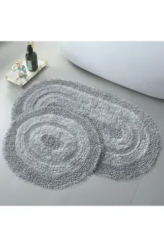 Natural Cotton Spaghetti Oval Gray 2-Piece Bath Mat Set Bath Rug Toilet Set-Gray - 1