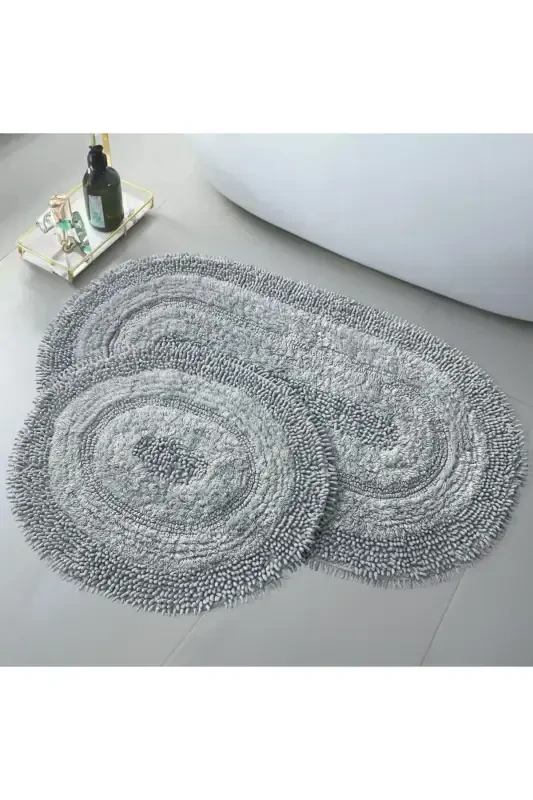 Natural Cotton Spaghetti Oval Gray 2-Piece Bath Mat Set Bath Rug Toilet Set-Gray - 1