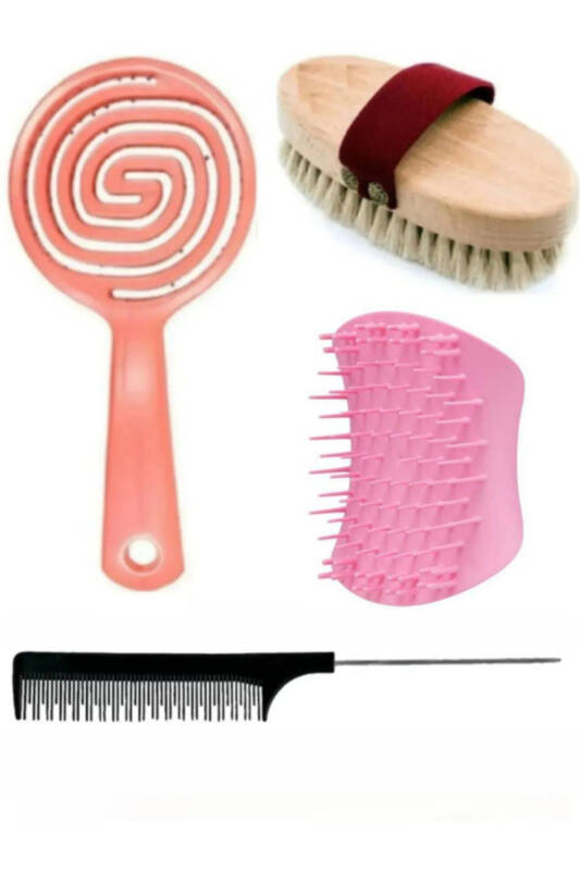 Natural Horsehair Brush 3D Comb Hair Massage Shaped Comb 4 Piece Set - 1